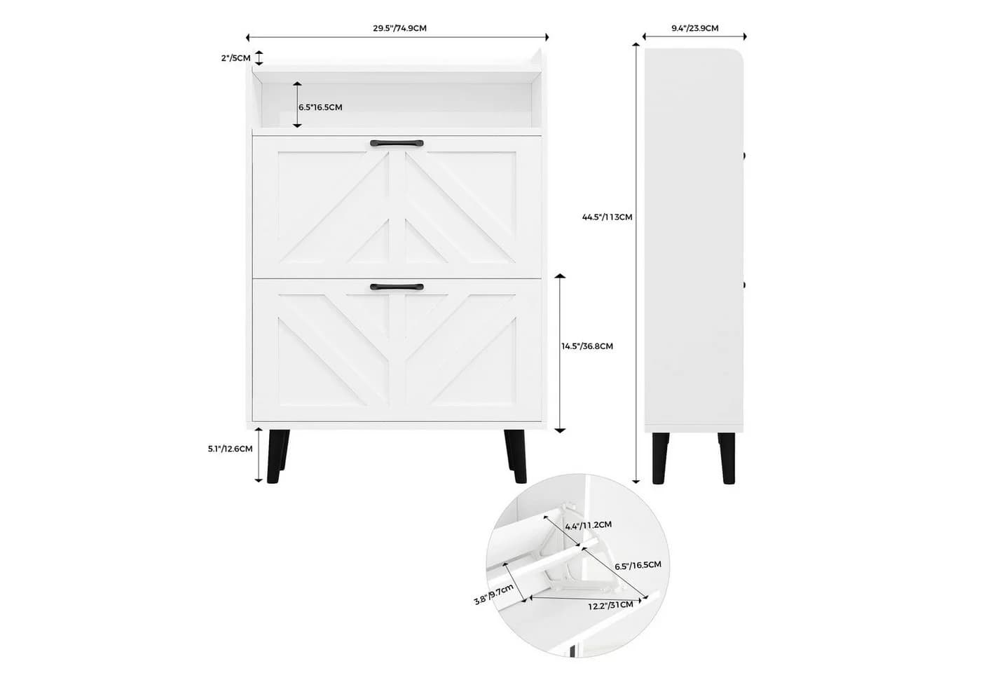 VOWNER Schuhschrank mit 2 Klappen, verstellbarem & abnehmbaren Regal, Holzbeinen, 75 x 24 x 113 cm, für Eingang/Flur