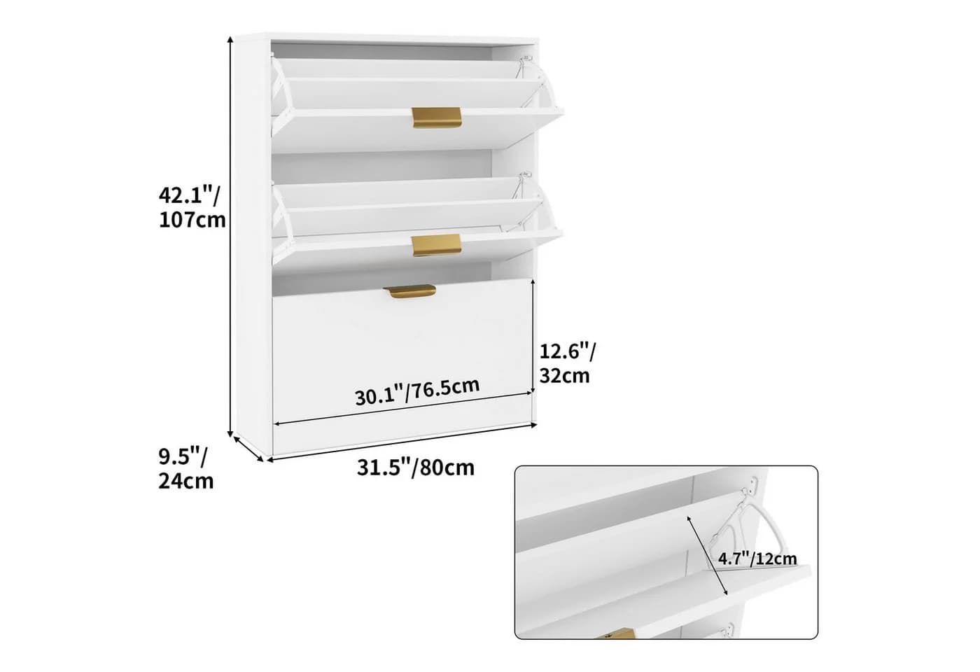 VOWNER Schuhschrank, 3 Klappen, 6 Fächer, verstellbare Ablage, 80 x 24 x 107 cm