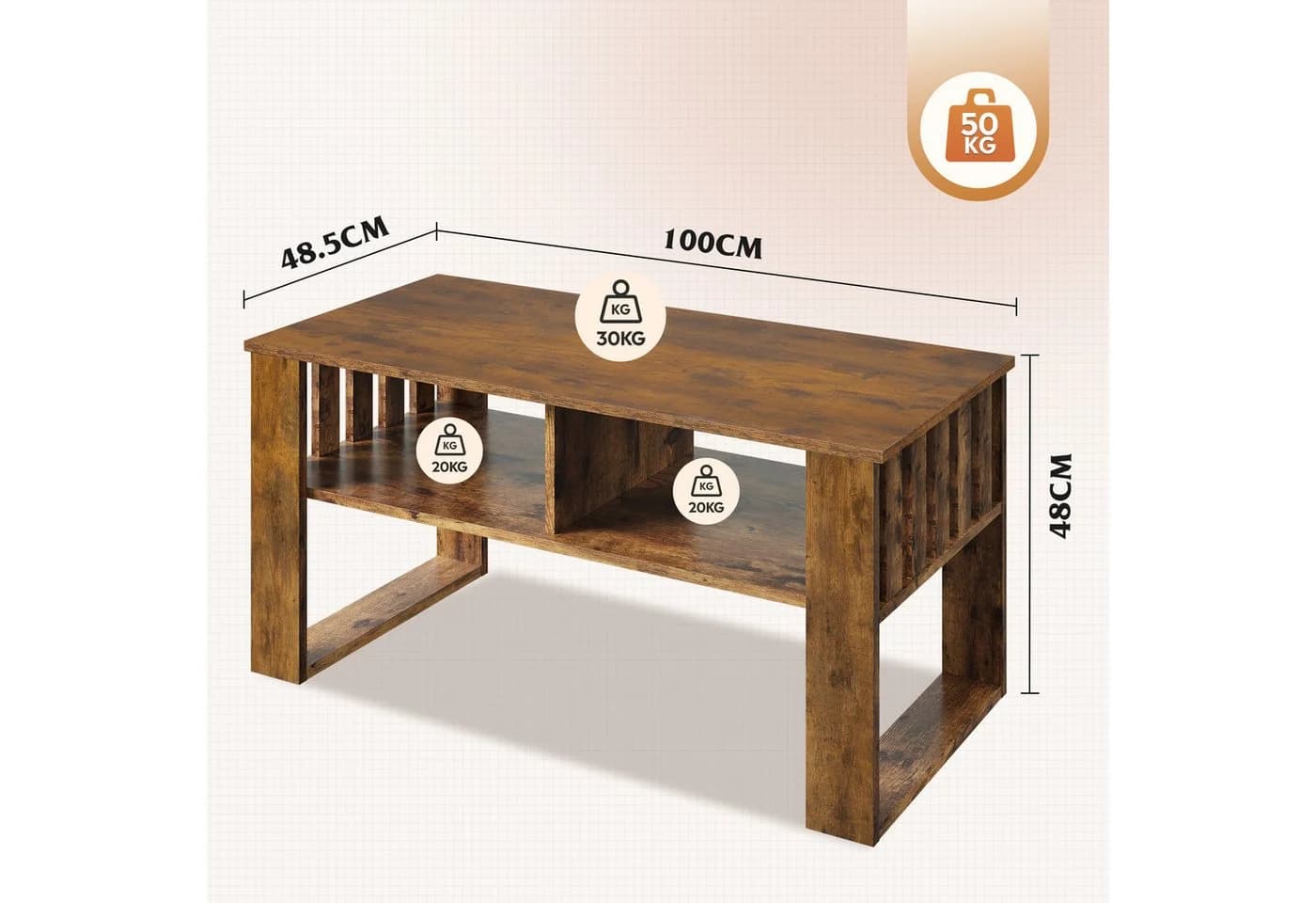 WLIVE Couchtisch Vintage Braun mit Stauraum