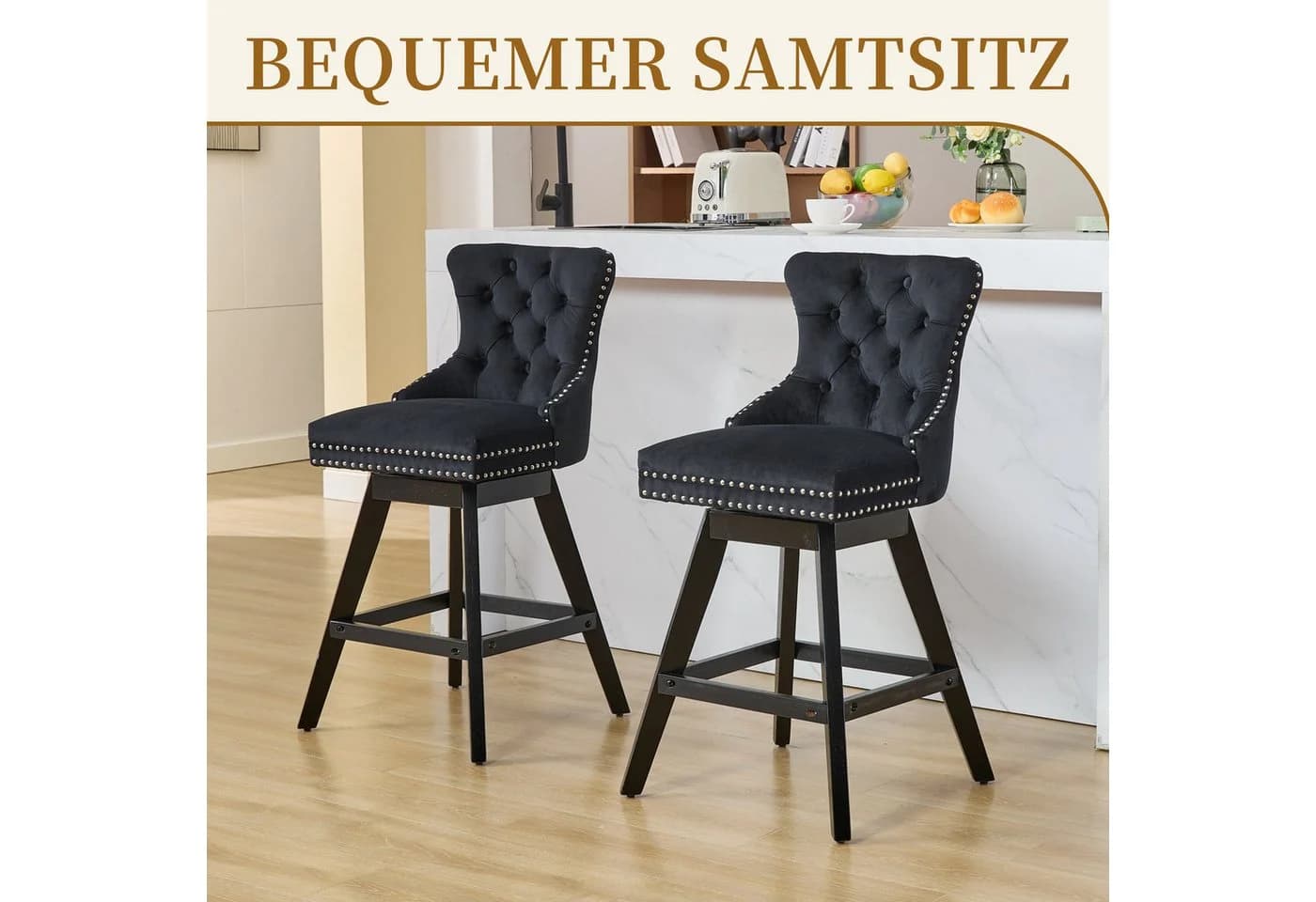 SeedWave Barhocker 2er Set Samt Drehstuhl Massivholzfüße