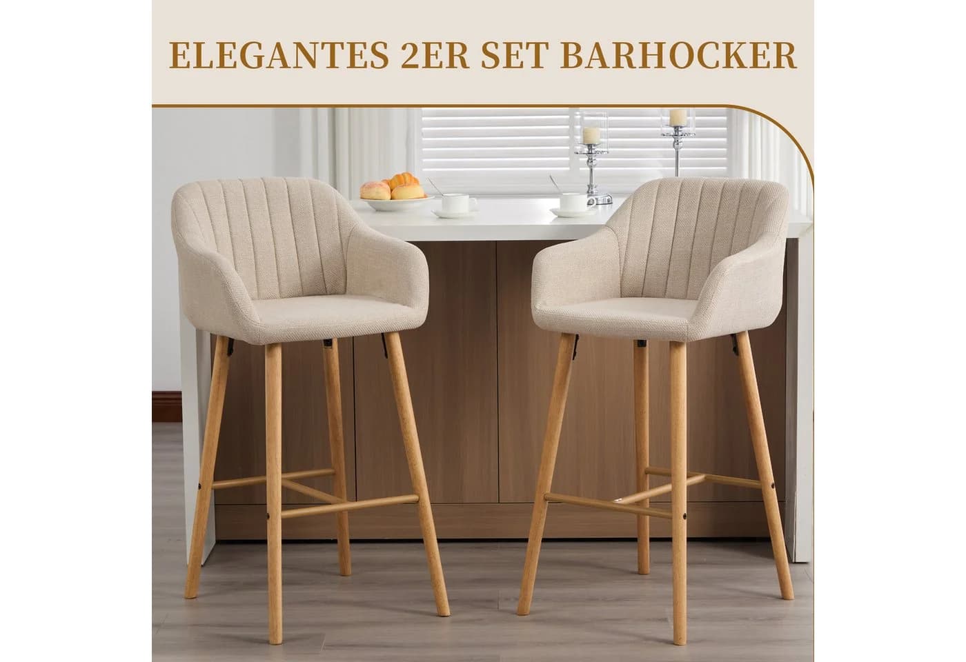 SeedWave Barhocker 2er Set Beige Leinenstoff mit Holzfüßen