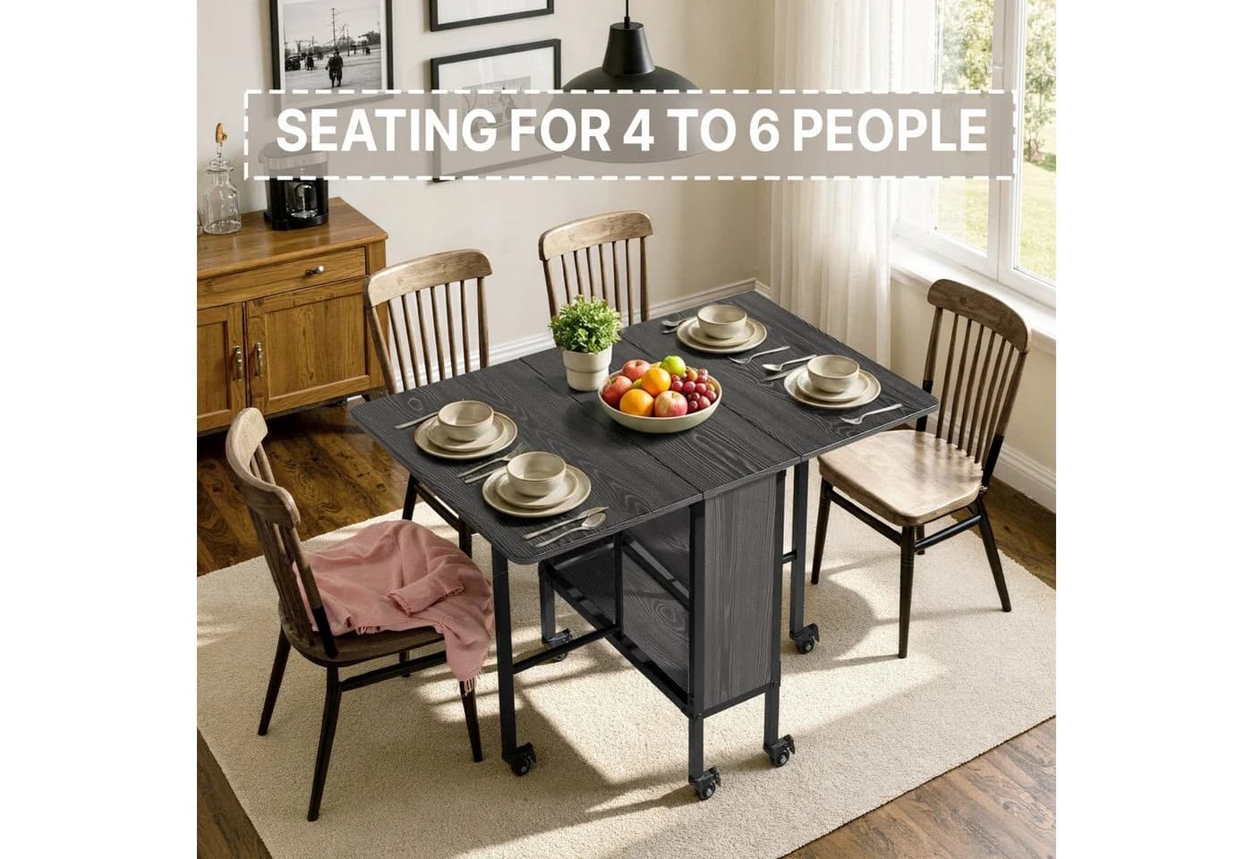 Bealife Klapptisch mit Ablage und 6 Rollen Esszimmertisch für 6 Personen Braun/Schwarz