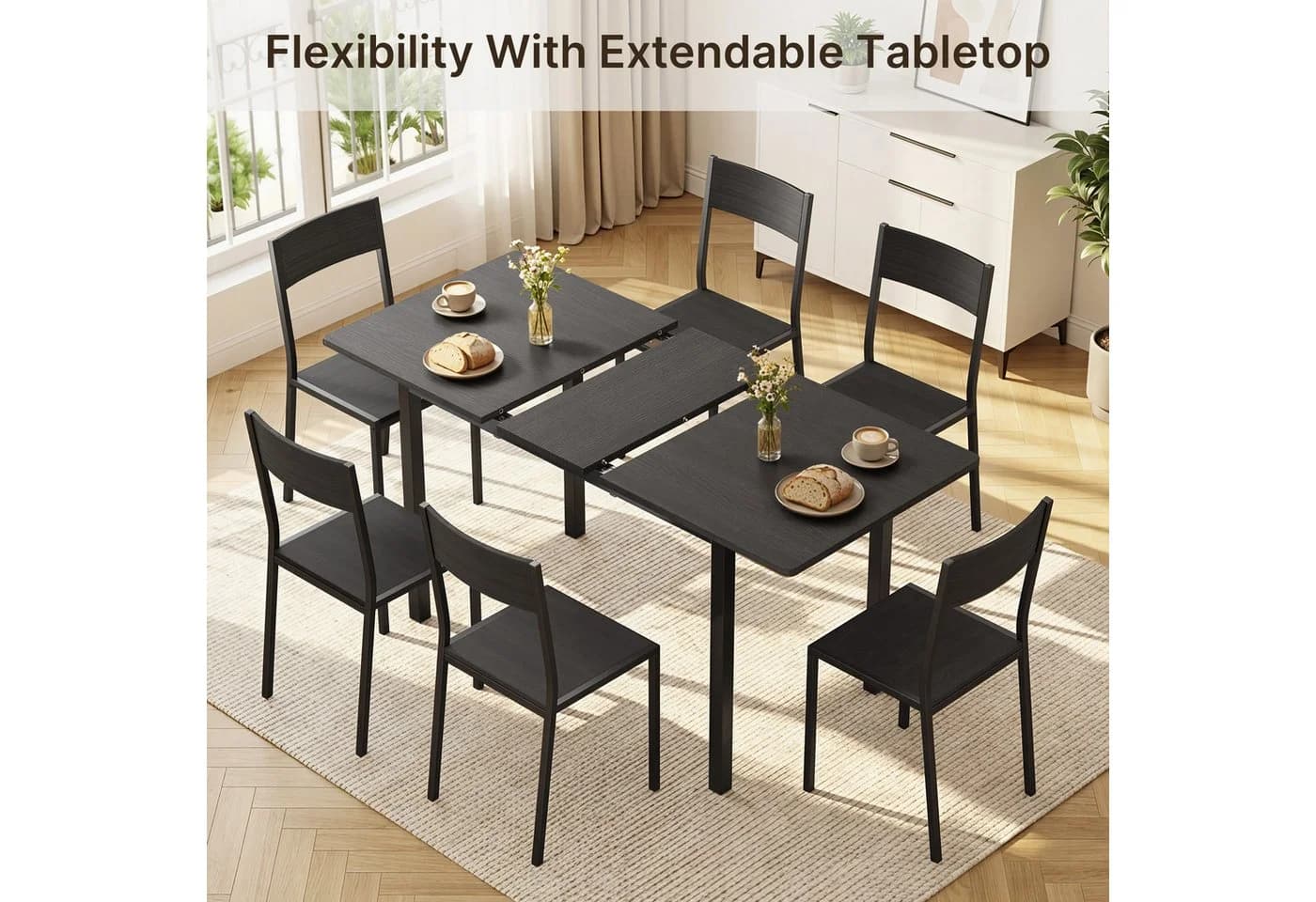 Bealife Essgruppe 7-tlg Schwarz Ausziehbar Holz