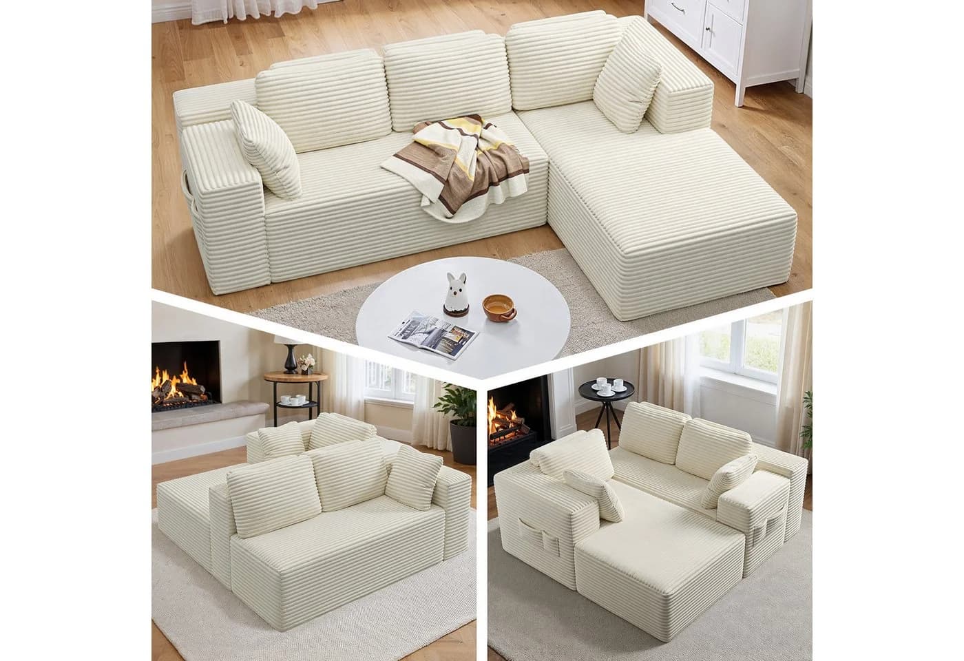 Bealife Ecksofa L-Form Cremefarben/Dunkelgrau Cord