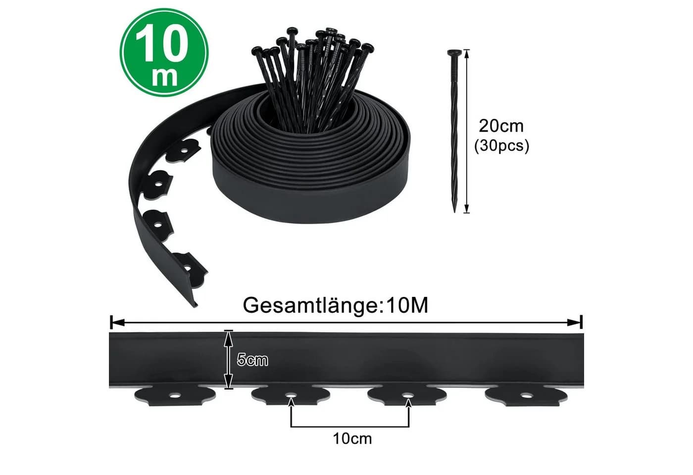 FIVMEN Beetumrandung Rasenkante Kunststoff 20m Flexibel Schwarz/Grau/Grün