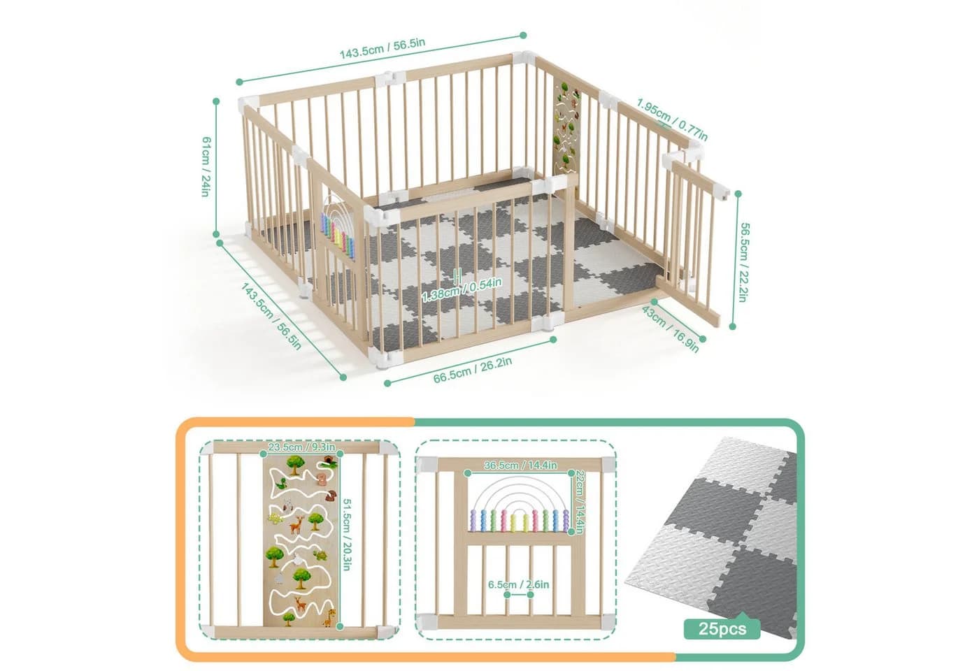 FIVMEN Laufgitter aus Holz mit Tür, 8-teiliges modulares Babygitter