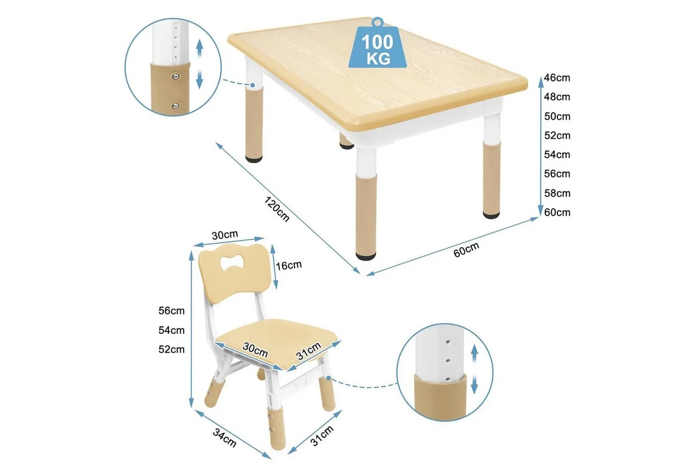 FIVMEN Kindersitzgruppe 4 Stühle Set Höhenverstellbar Beige