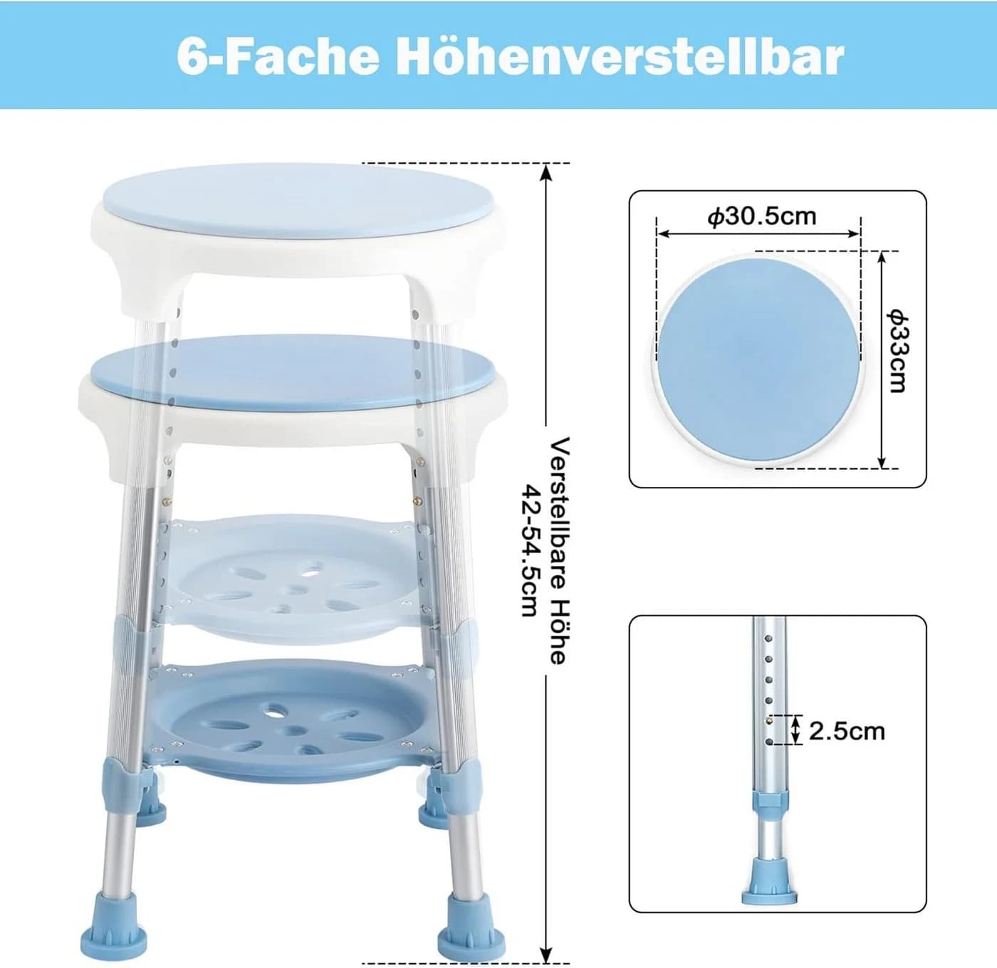 FIVMEN Duschhocker mit Tablett blau höhenverstellbar