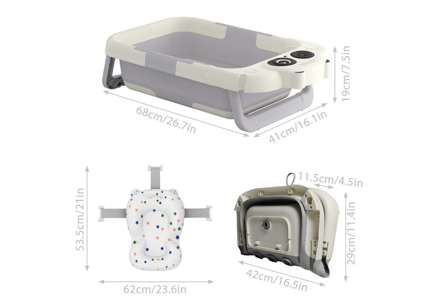 FIVMEN Babybadewanne Faltbar Mit Badekissen & Thermometer Grau/Weiß
