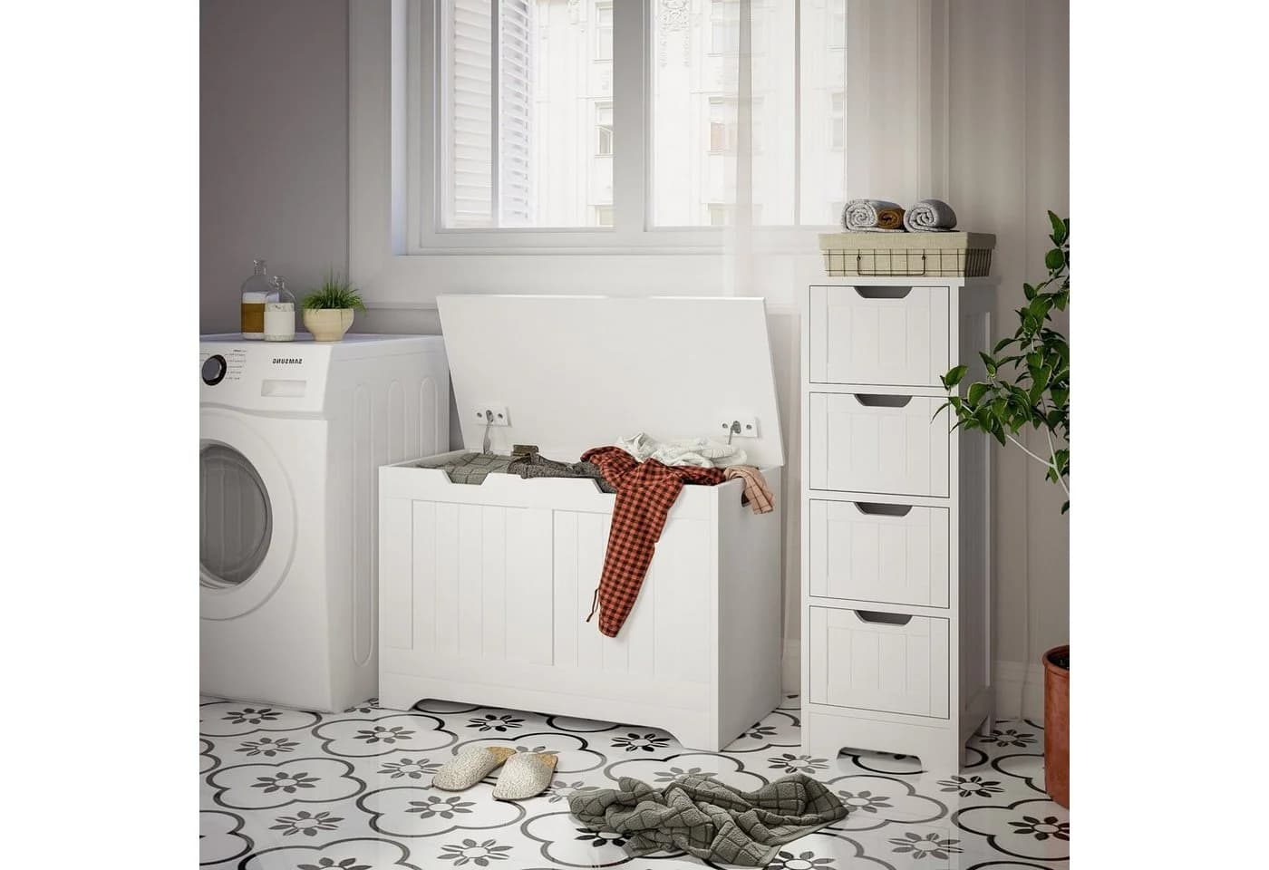 Mondeer Badkommode Badezimmerschrank Spielzeugkiste Sitztruhe 72x48x36 cm Weiß