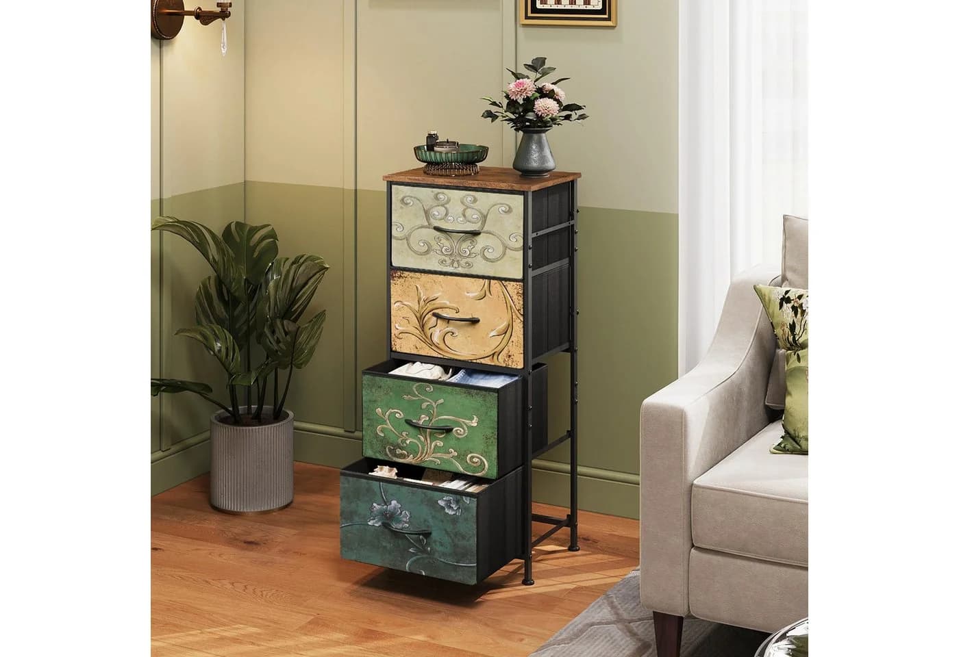 WLIVE Kommode mit 4 Stoffschubladen, 40x30x98 cm, Stahlgestell