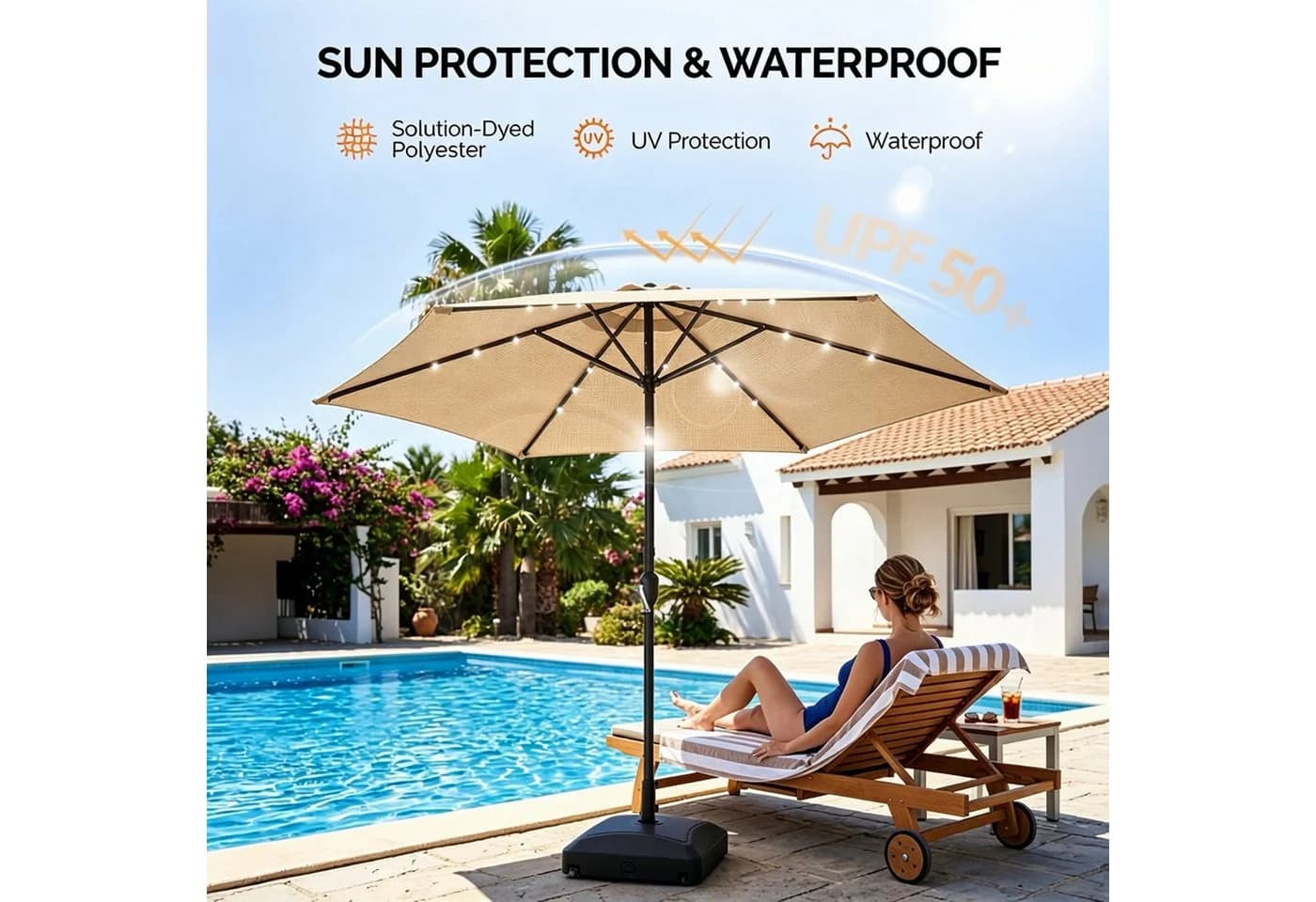 ibettertec Terrassenschirm 9ft Beige mit Solar-LED & Kurbel