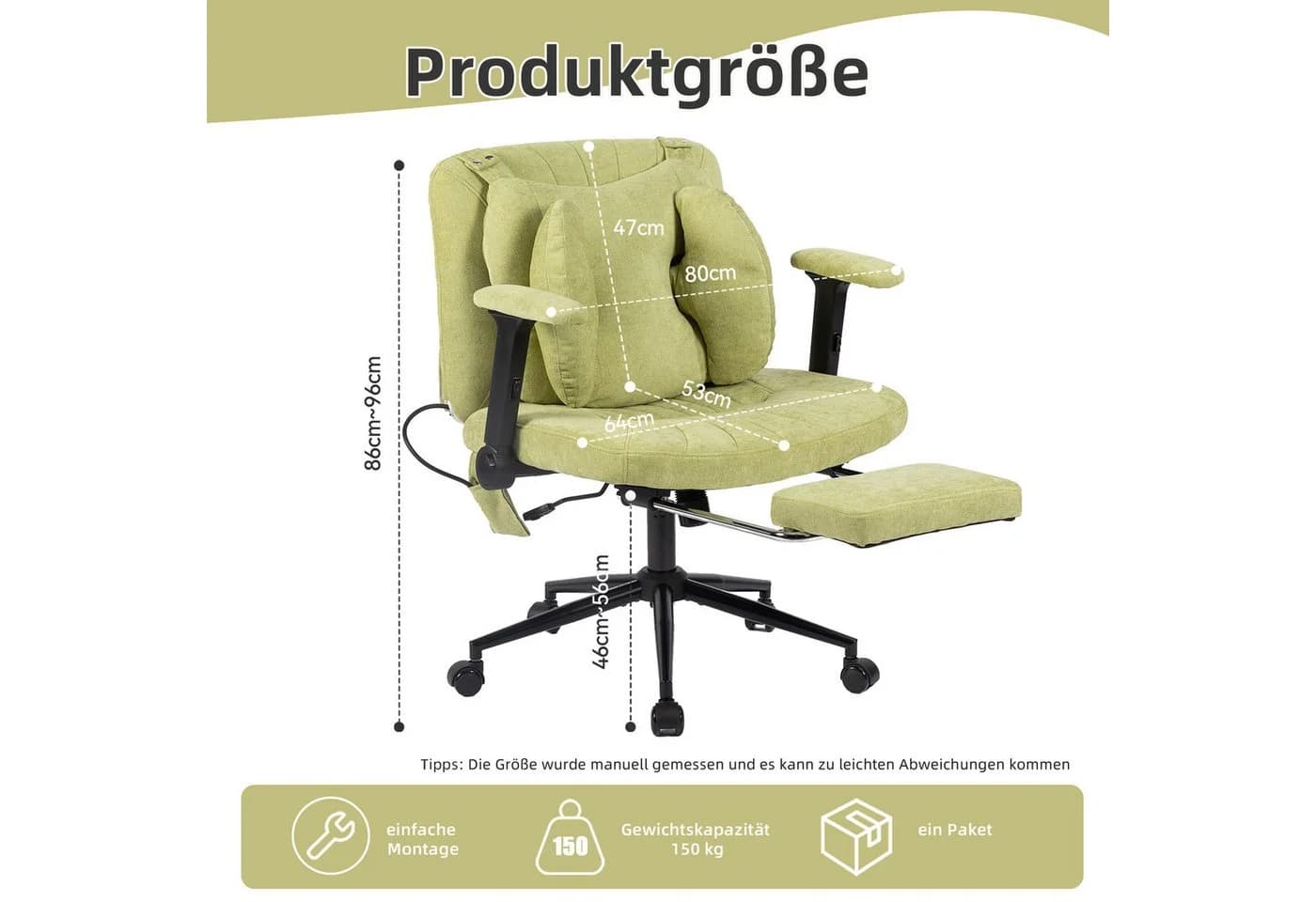 CANMOV Bürostuhl mit Massagekissen, Fußstütze und klappbaren Armlehnen