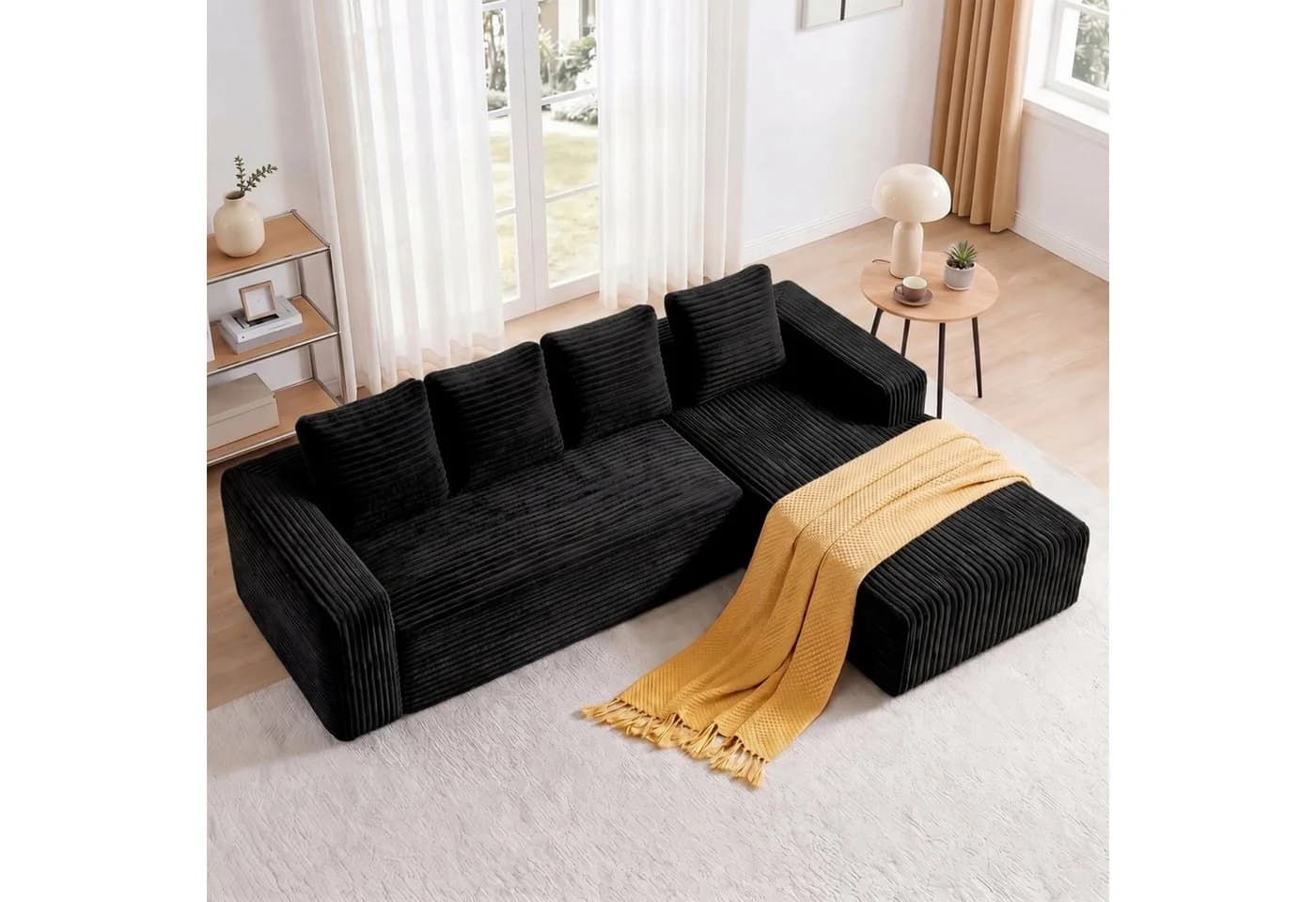 ANYSUN Ecksofa L-Form 4-Sitzer Schwarz Cordsamt Modern
