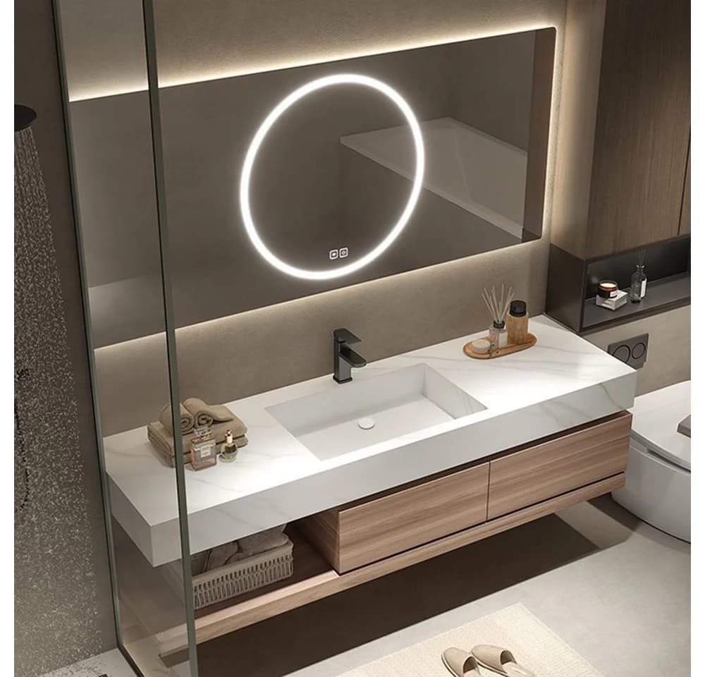 Muxing Badmöbel-Set mit Sinterstein-Becken, LED-Spiegel & Unterschrank