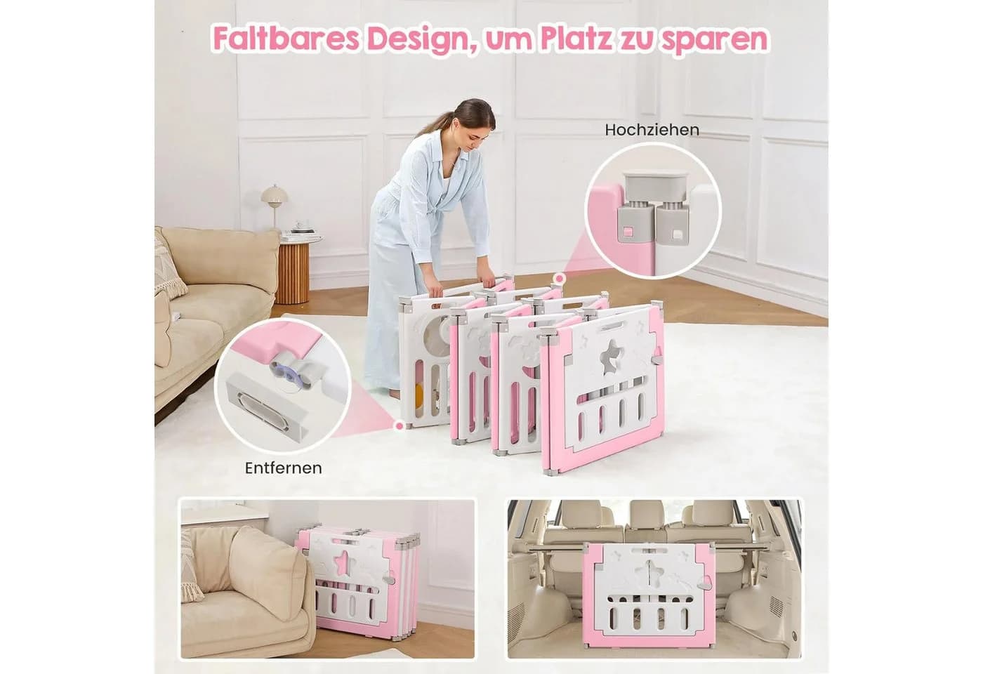 ToteBox Laufgitter Anpassungsfähiger Form mit Spielzeugboard Faltbarer laufstall (set, 14-tlg) Rosa