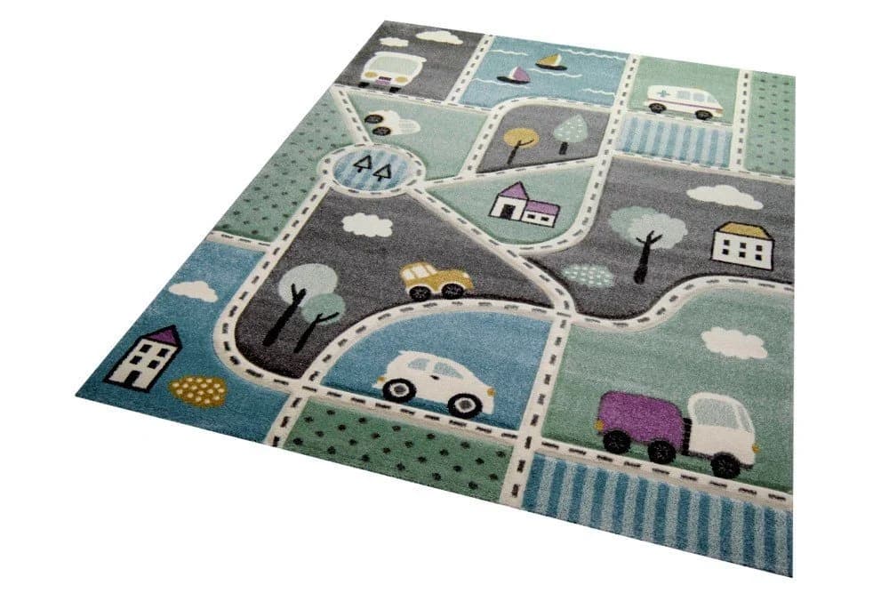 Carpetia Kinderteppich Straßenteppich Auto Blau/Grün Rund