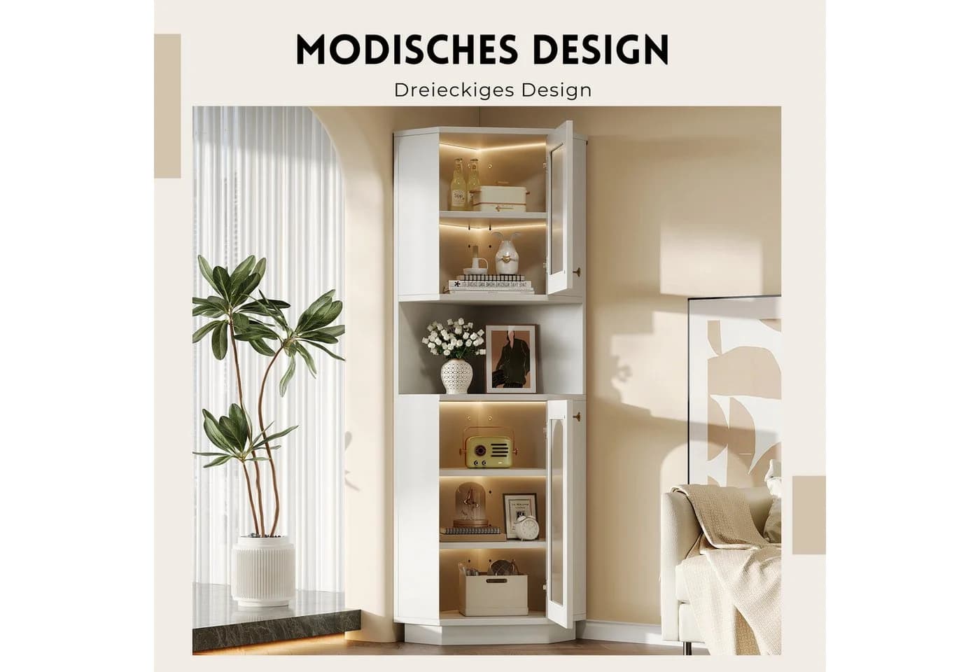 SeedWave Eckschrank Dreieckförmige Glasvitrine Weiß mit Lichtstreifen