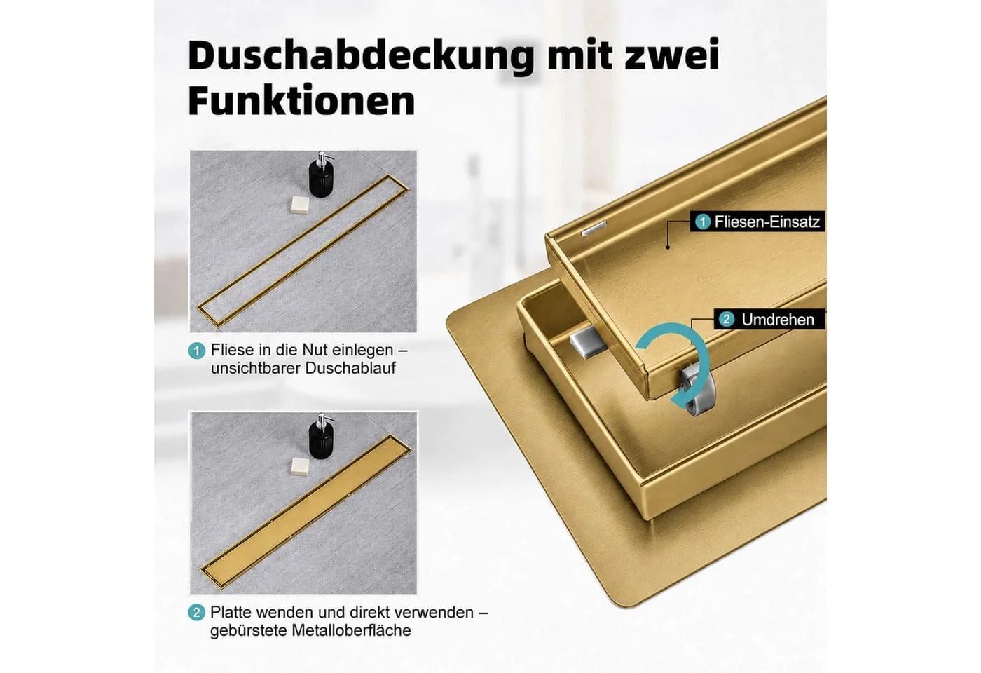 SaniteModar Duschrinne Gold Befliesbar Edelstahl Extra Flach