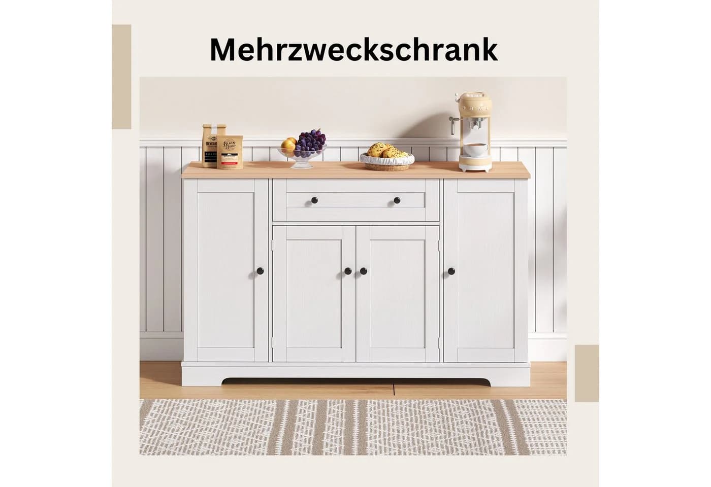 SeedWave Küchenbuffet HolzWeiß mit Viel Stauraum und Schutzgeländern