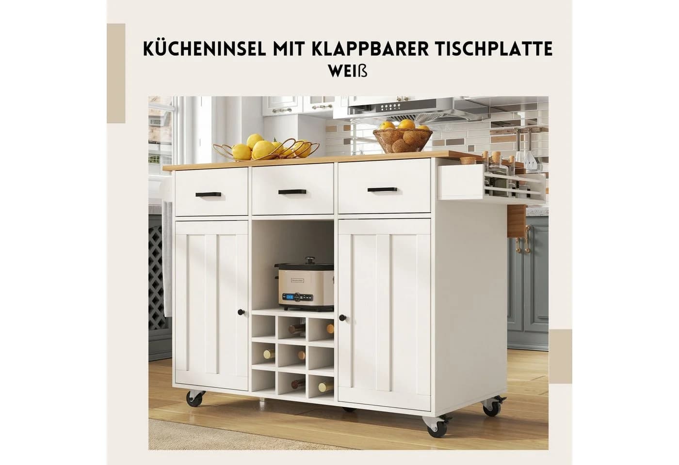 Moderne Kücheninsel aus Holz und Metall in Weiß und Schwarz