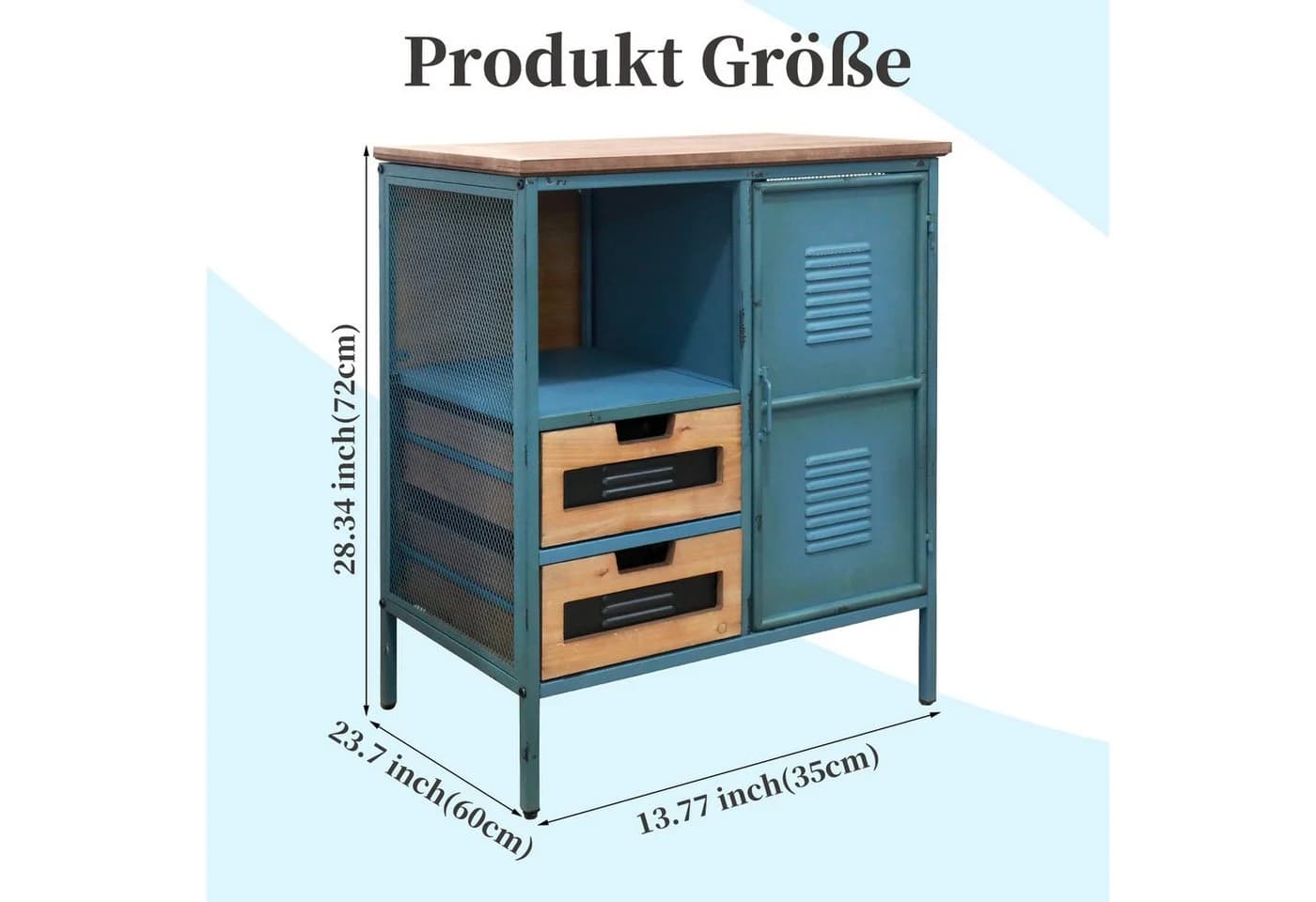 G-LEAF Kommode Sideboard Industriestil Retro Metallschrank Holzplatte Blau