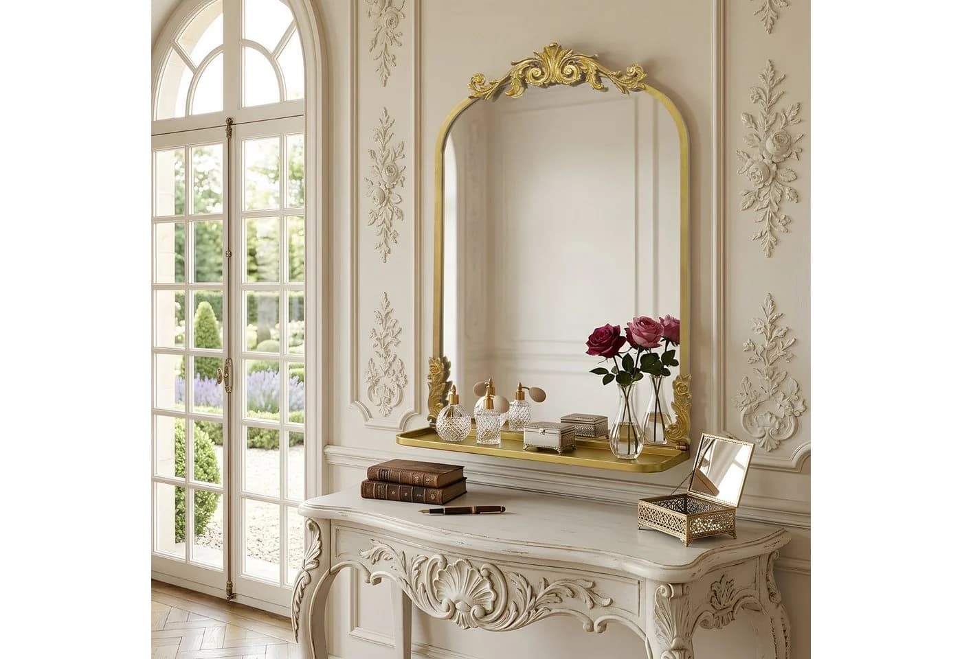 G-LEAF Wandspiegel Gold Barock Bogenform mit Ablage
