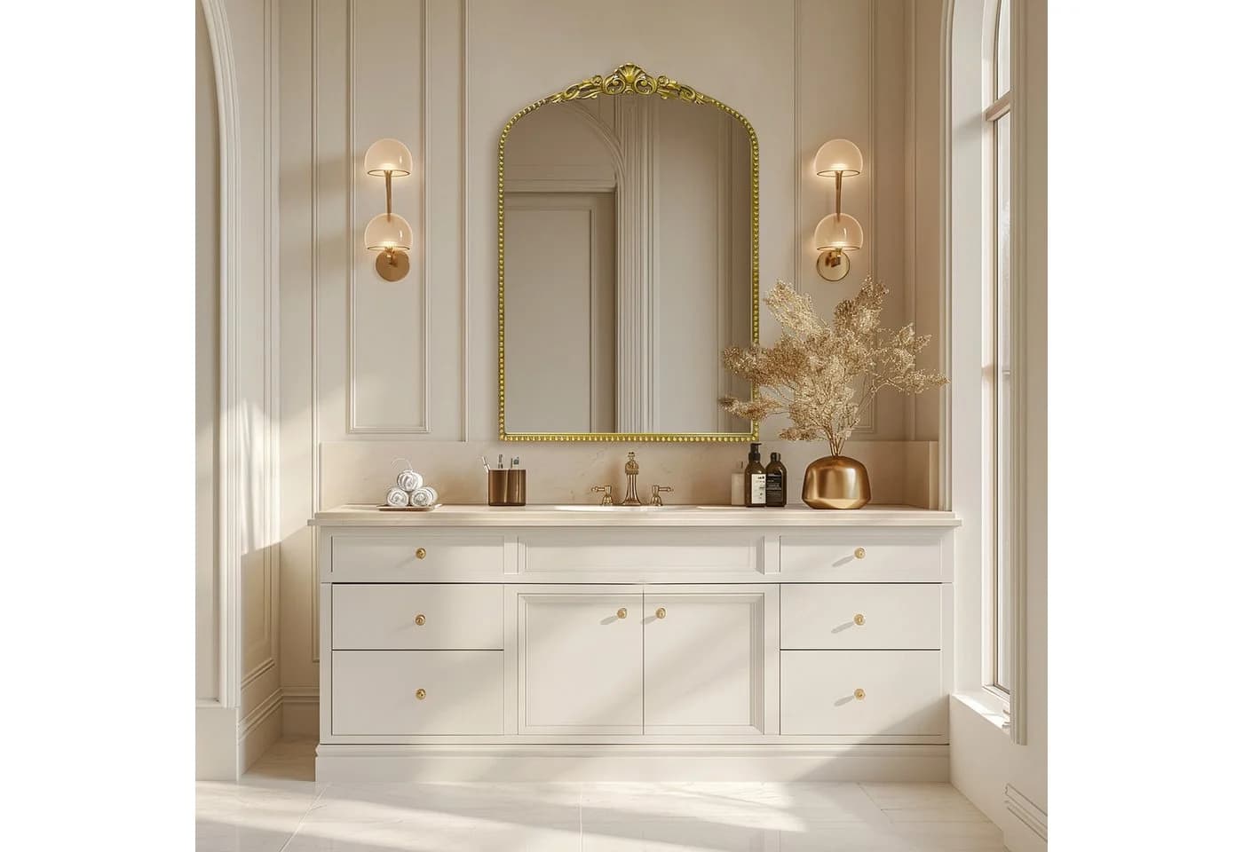 G-LEAF Antiker Spiegel Barockstil Gold Metallrahmen Perlenverzierung