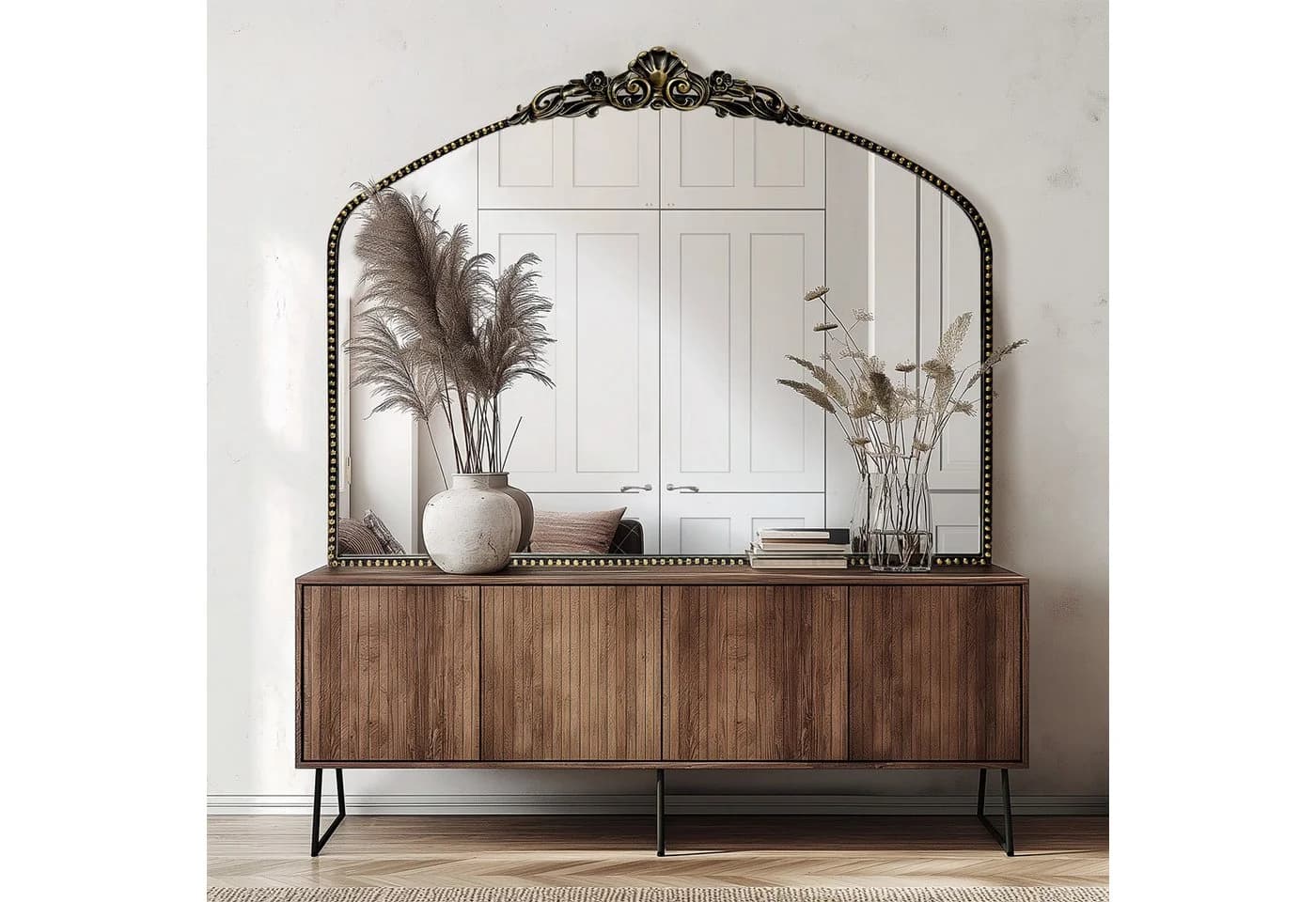 G-LEAF Antiker Spiegel Barockstil Metallrahmen Perlenverzierung 102x76cm Schwarz
