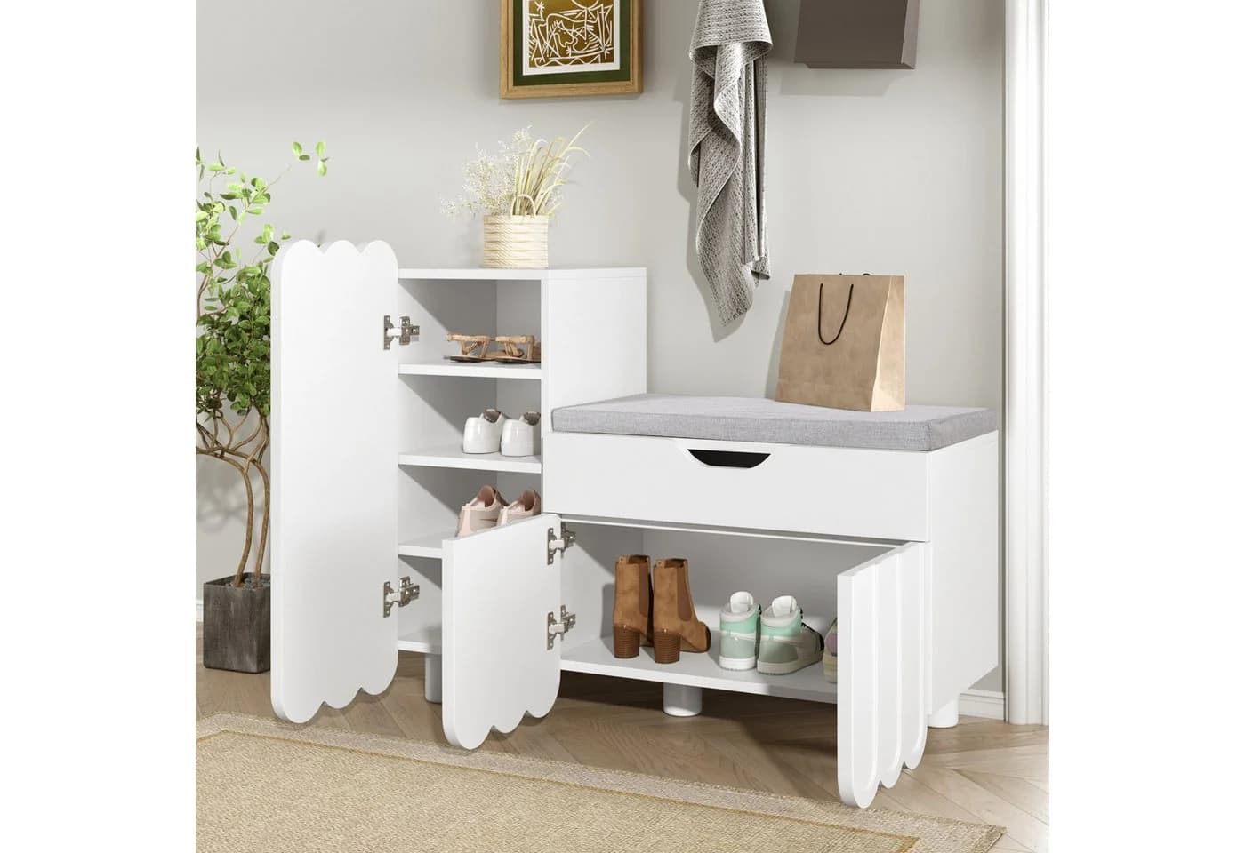 Refined Living Schuhschrank 3-Türen mit Schublade & Sitzpolster Weiß