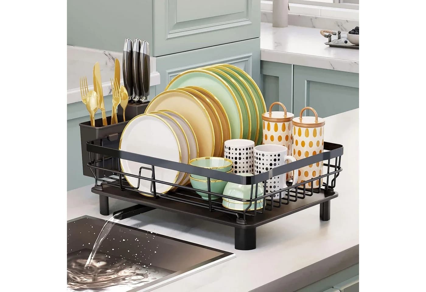 Refined Living Geschirrständer Schwarz mit Abtropfmatte & Abfluss