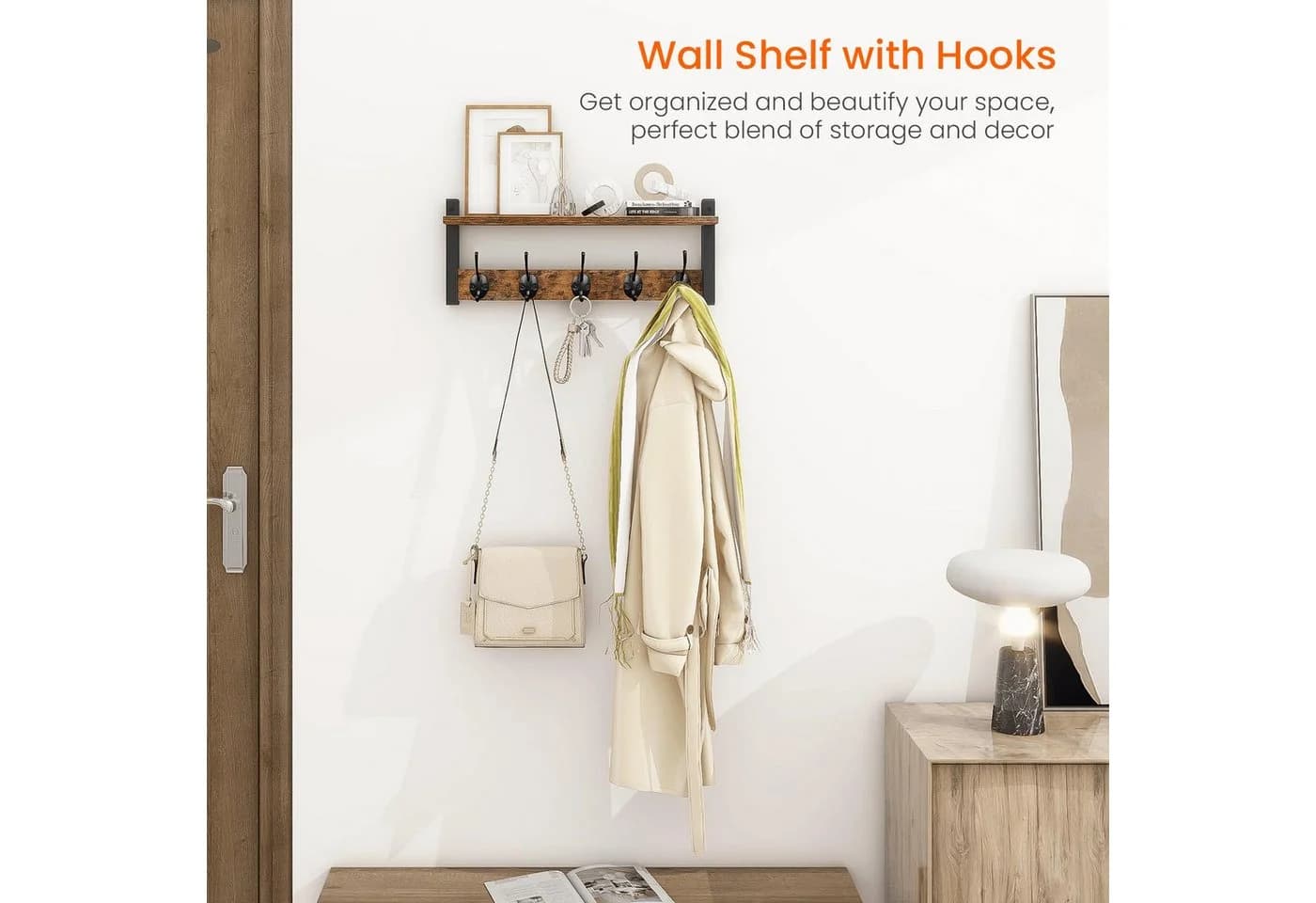 SURFOU Wandgarderobe Holz mit 5 Haken Braun/Schwarz