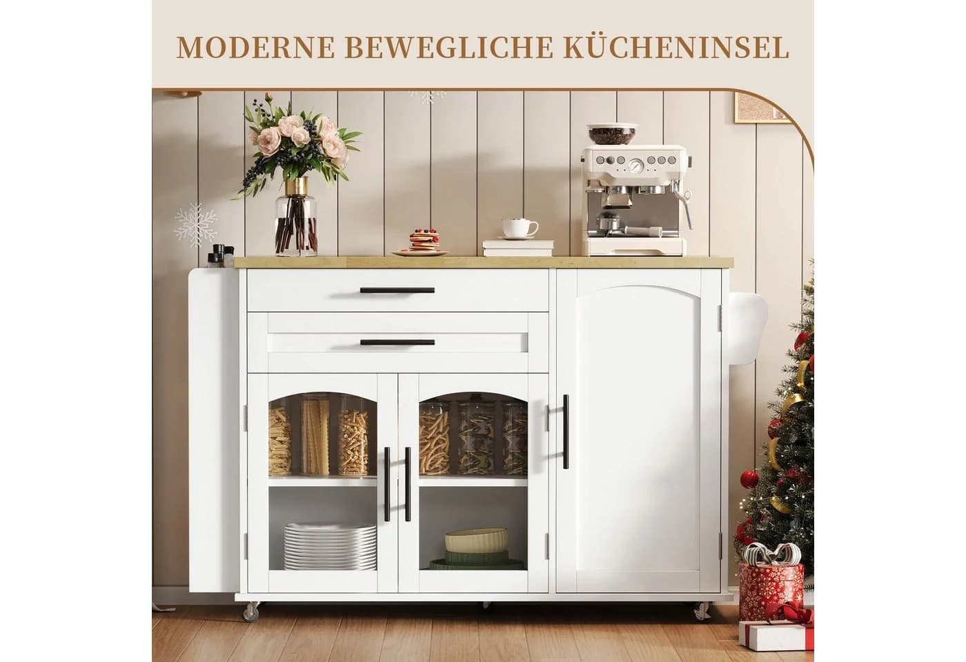 SeedWave Kücheninsel 120cm Weiß mit Klappbarer Tischplatte & Rollen