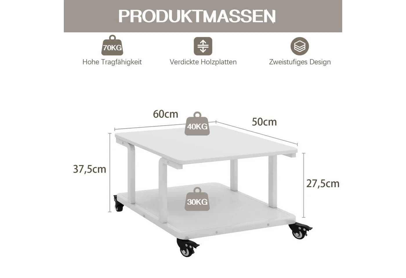 PUNCIA Druckertisch 2 Schichten 60x50cm Weiß