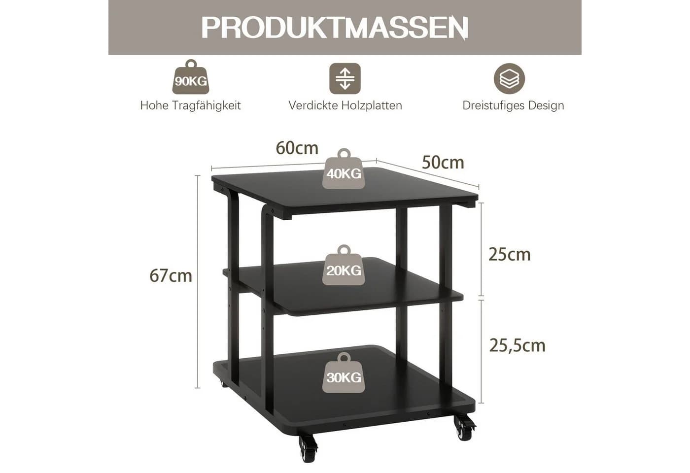 PUNCIA Druckertisch mit Rollen, 3 Ebenen, Schwarz