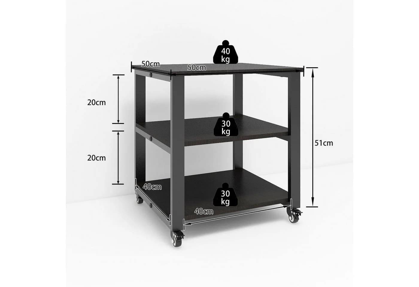 PUNCIA Druckertisch mit Rollen Schwarz 3-stufig