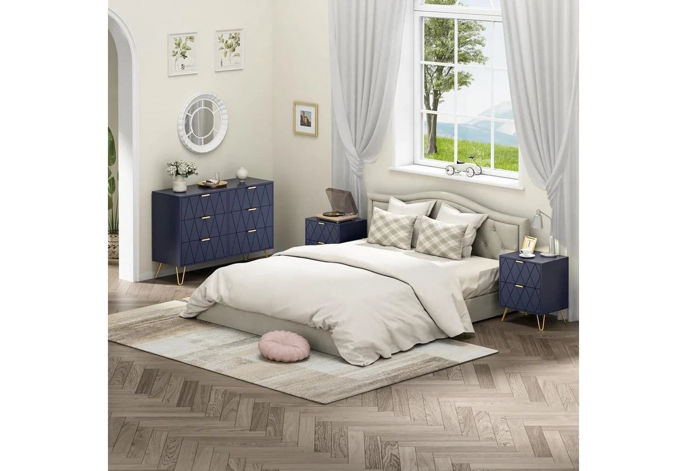 UEV Schlafzimmer-Set 3er-Set Kommode 6 Schubladen Nachttisch Skandinavisch Goldene Griffe