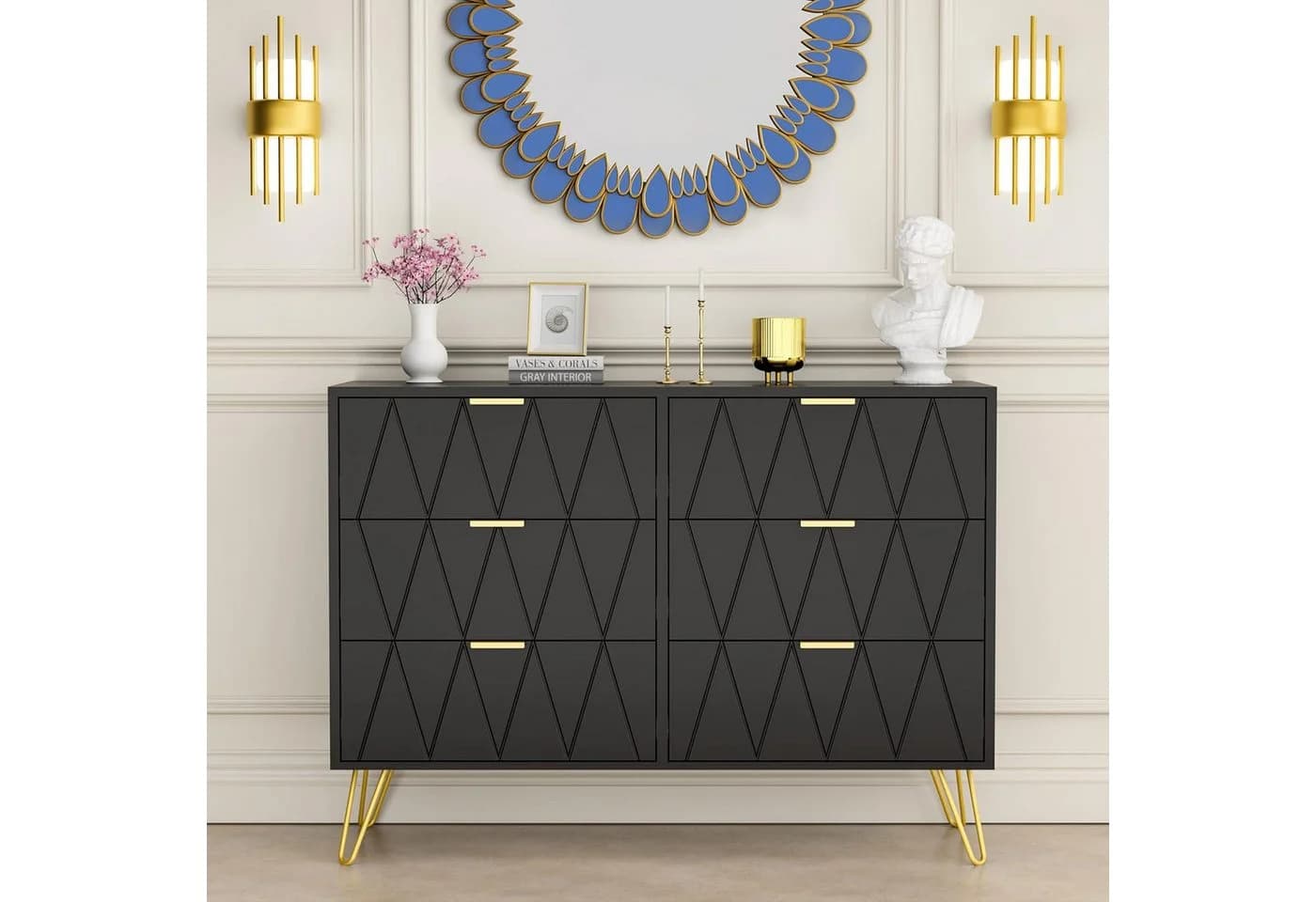 UEV Kommode mit 6 Schubladen, Sideboard für Schlafzimmer Wohnzimmer 100 x 34 x 73 cm Mehrzweckschrank mit gold Fuß