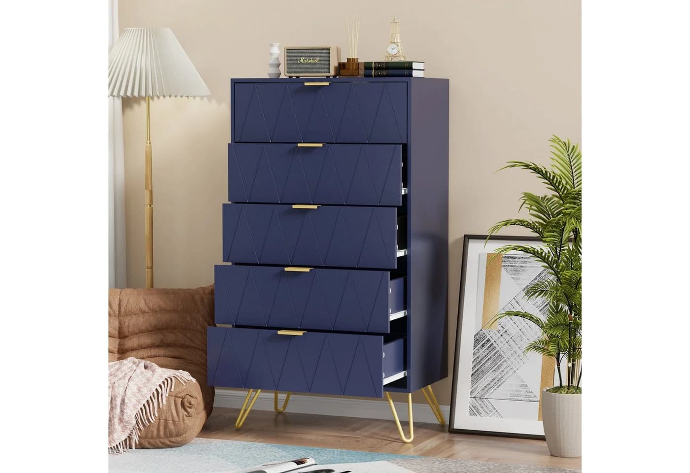 UEV Kommode 5 Schubladen Highboard Schmal Beistellschrank Dunkel Blau