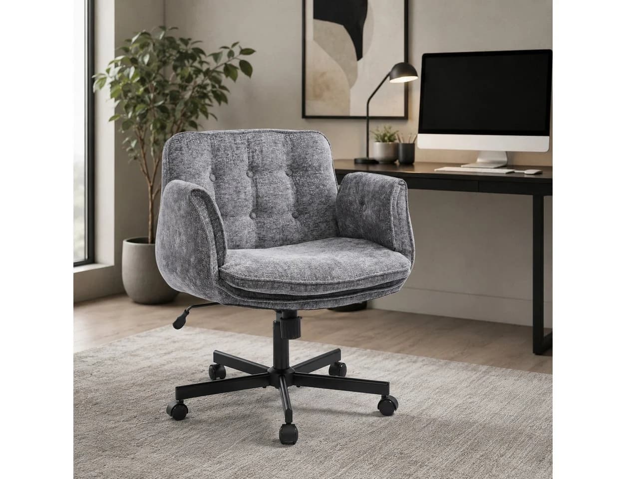 Leawin Bürostuhl ergonomisch mit breitem Sitz und Chenille-Bezug Grau