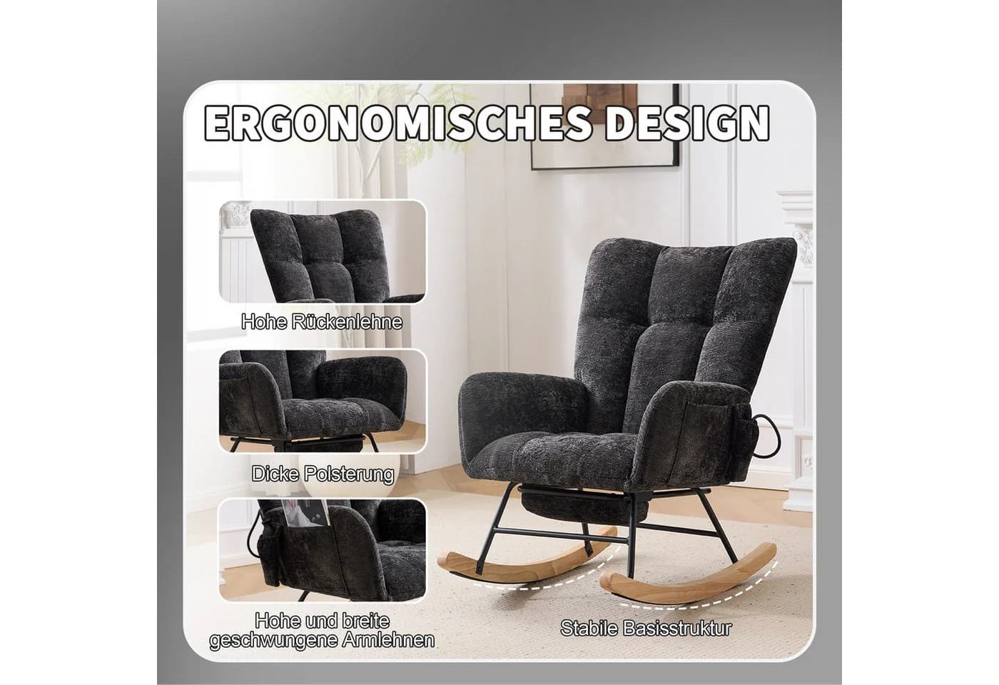 Leawin Schaukelstuhl Wohnzimmer mit Fußstütze & Luftkissen-Rückenlehne