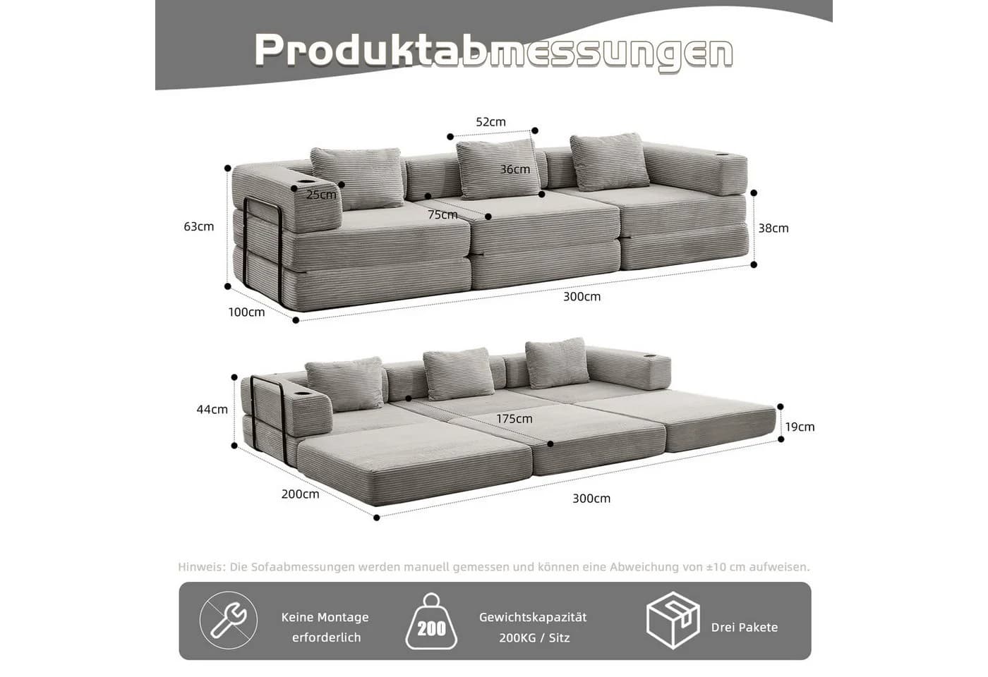 Leawin 3-Sitzer Sofa mit Bettfunktion Chenille Grau