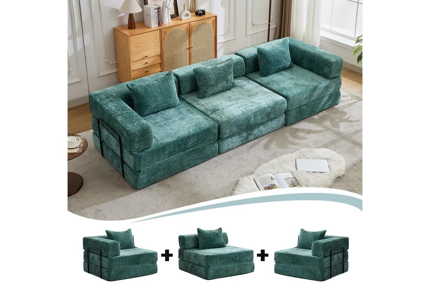 Vankel 3-Sitzer Sofa mit Schlaffunktion Chenille Grün Modular
