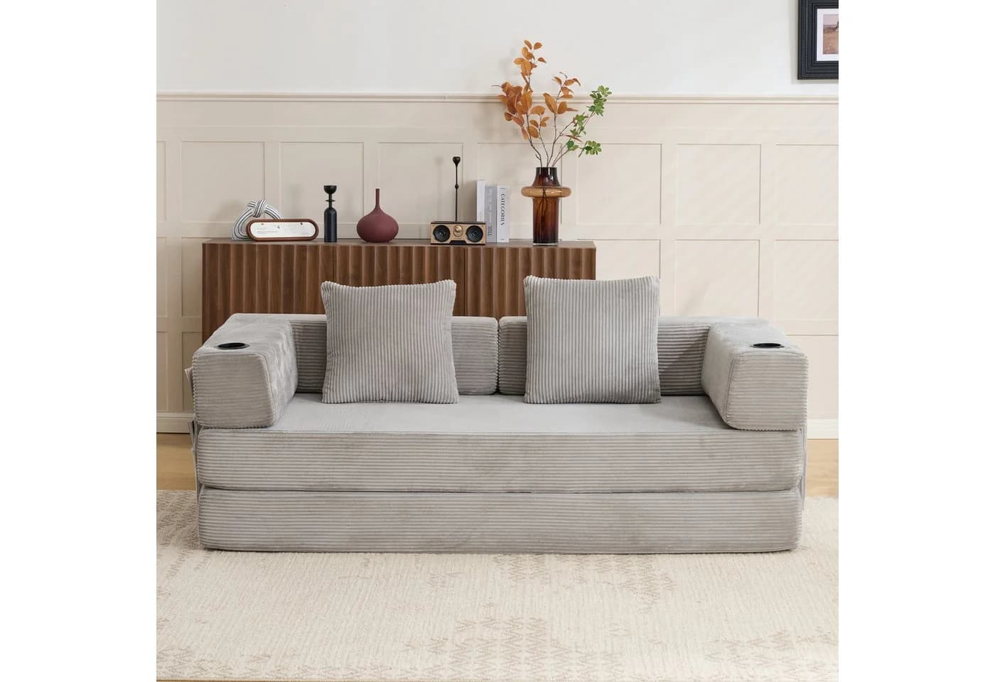 Vankel Loungebett Schlafsofa Cord Hellgrau mit Cupholder
