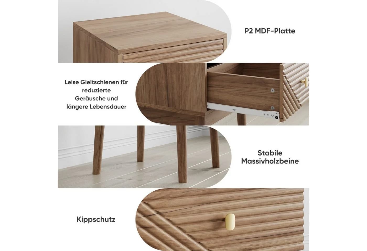 ANYSUN Nachttisch 2er Set mit Schublade und Massivholzbeinen
