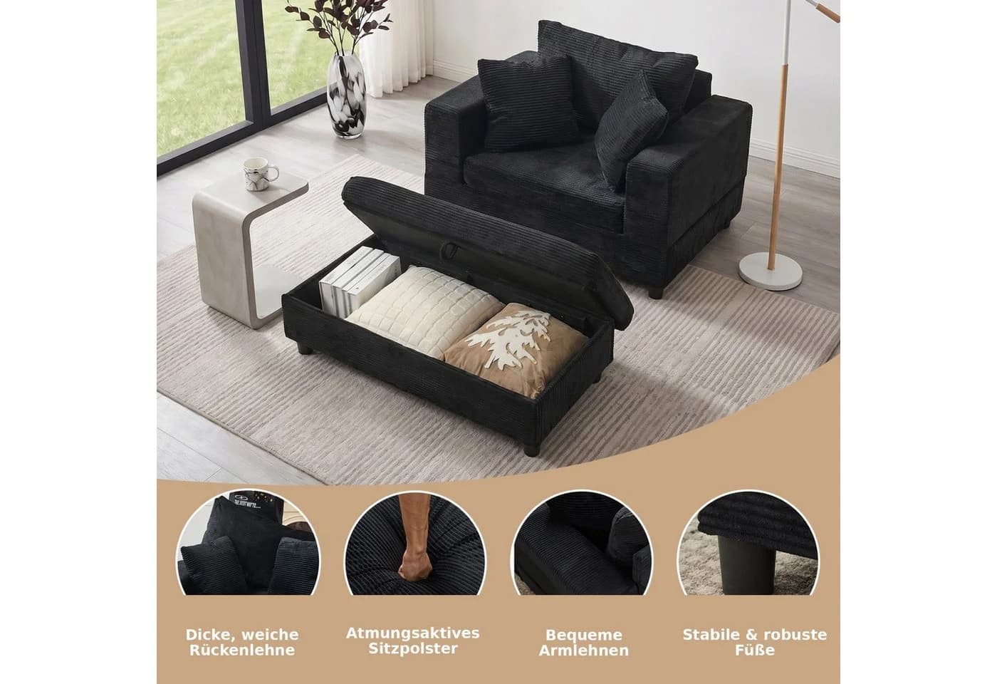 ANYSUN XXL-Sessel Loveseat Schwarz Cord mit Stauraumhocker