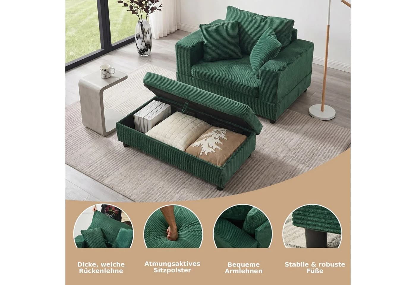 ANYSUN XXL-Sessel Loveseat Grün mit Stauraumhocker