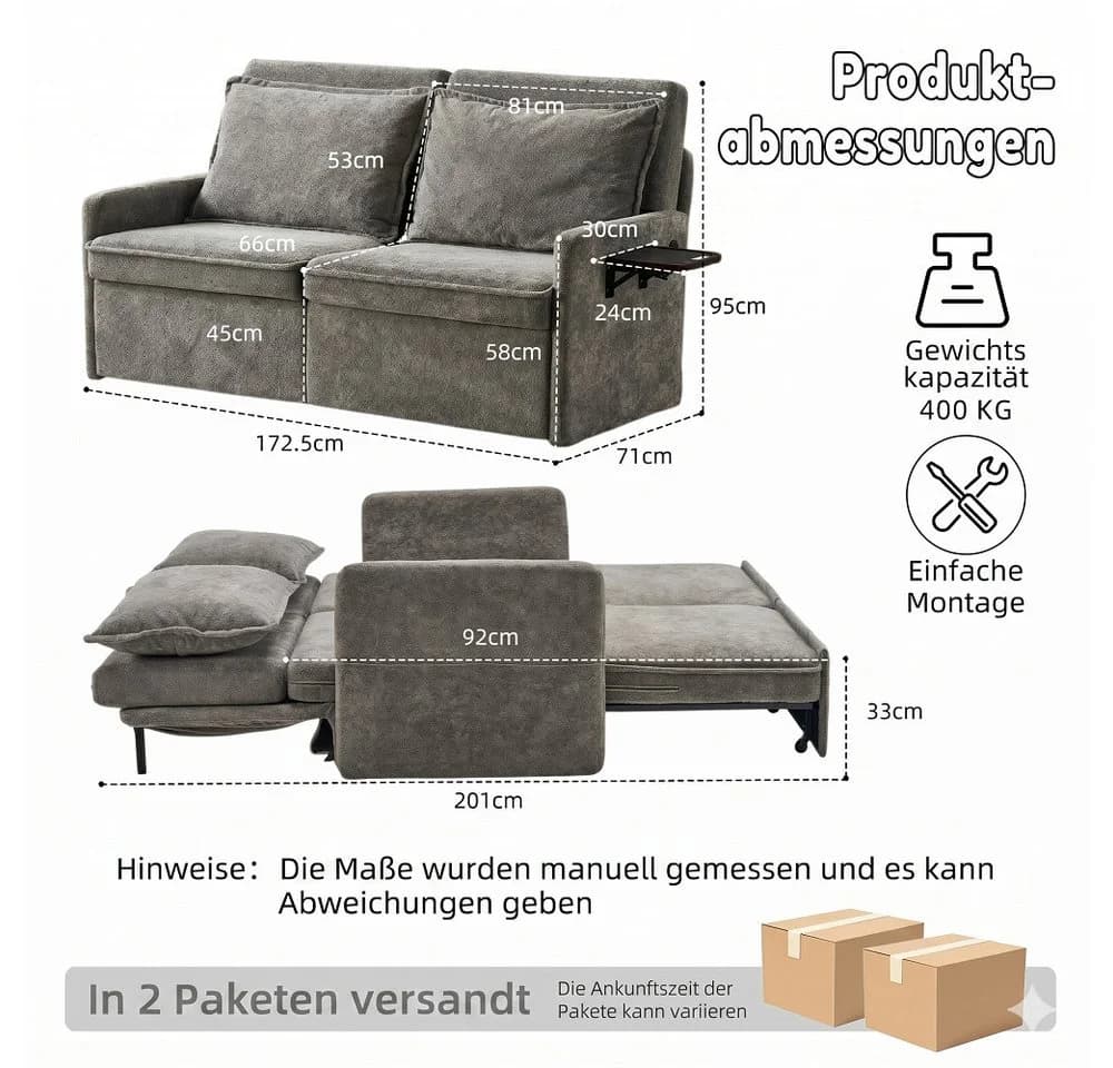 Vankel Sofa mit Schlaffunktion und USB-Anschluss Grau Chenille