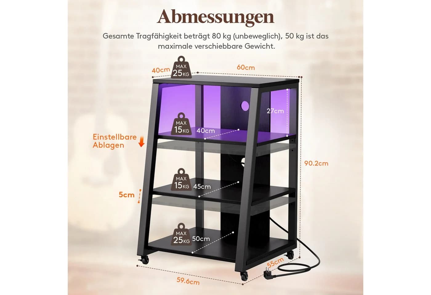 Lifewit Media-Regal 4-stufig Schwarz mit Rädern und LED