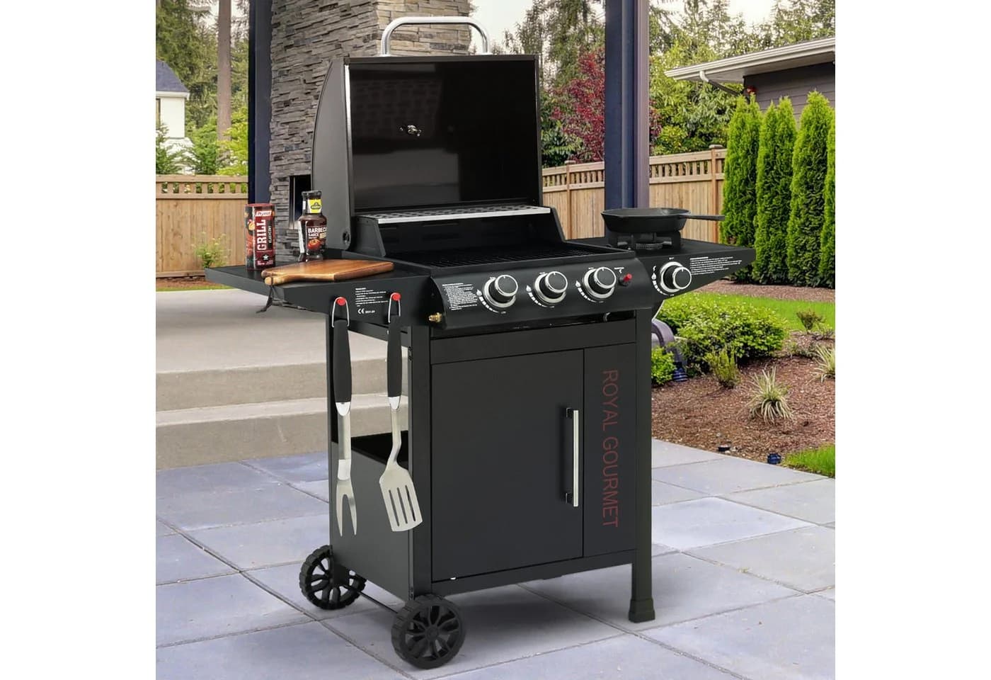 Royal Gourmet Gasgrill 3+1 Brenner Schwarz mit Rollen